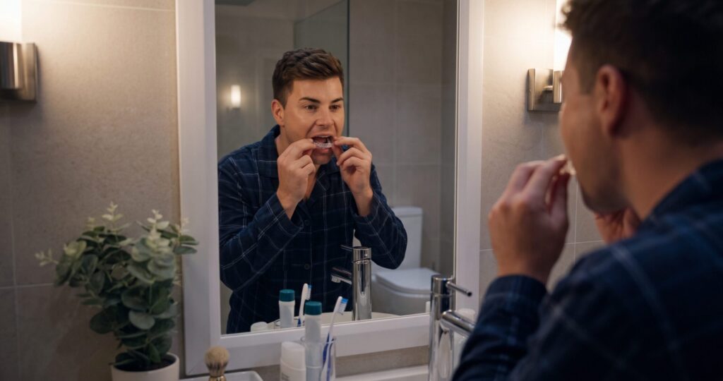 man-withnighguard-toilet | No Gaps Dental A man in a bathroom mirror with night guard