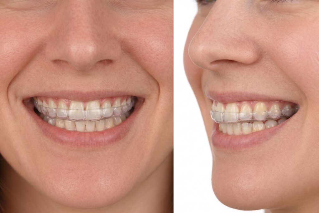 splint front side woman | No Gaps Dental Close-up view of a smile wearing splint.