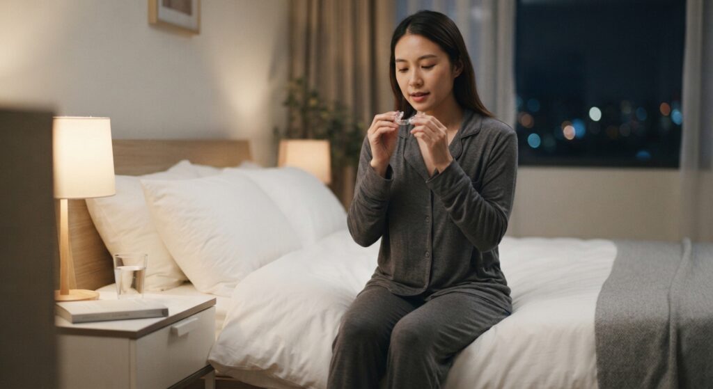 A woman holding a night guard sits on the edge of her bed