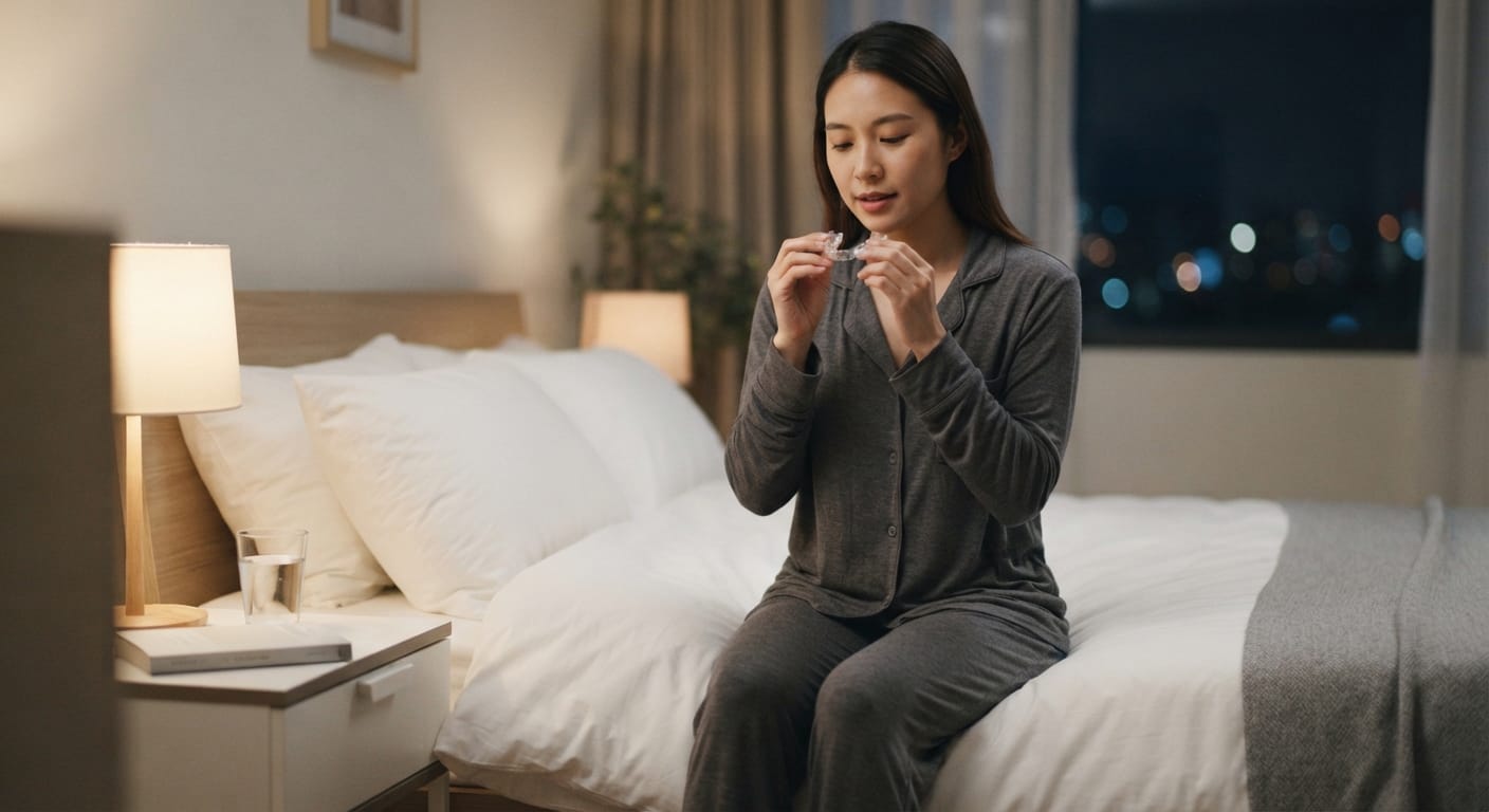 A woman holding a night guard sits on the edge of her bed