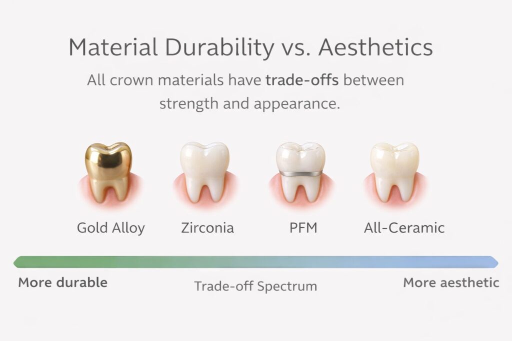 Choosing a crown is a balance between natural looks and long-lasting durability. Your dentist helps you find the perfect position on this spectrum.
