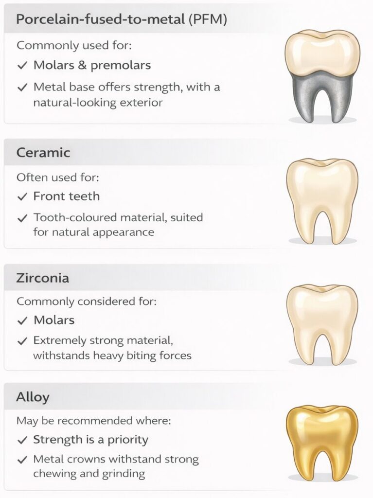 Comparison of the common dental crown materials and their typical uses.