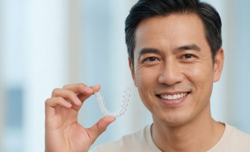 Man is holding a clear aligner