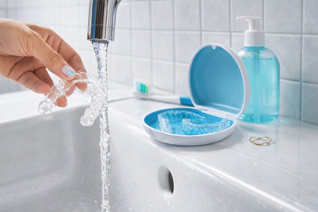 Cleaning your aligners are easy! Rinse with cool or lukewarm water after removal, gently brush with a soft toothbrush. That’s it!