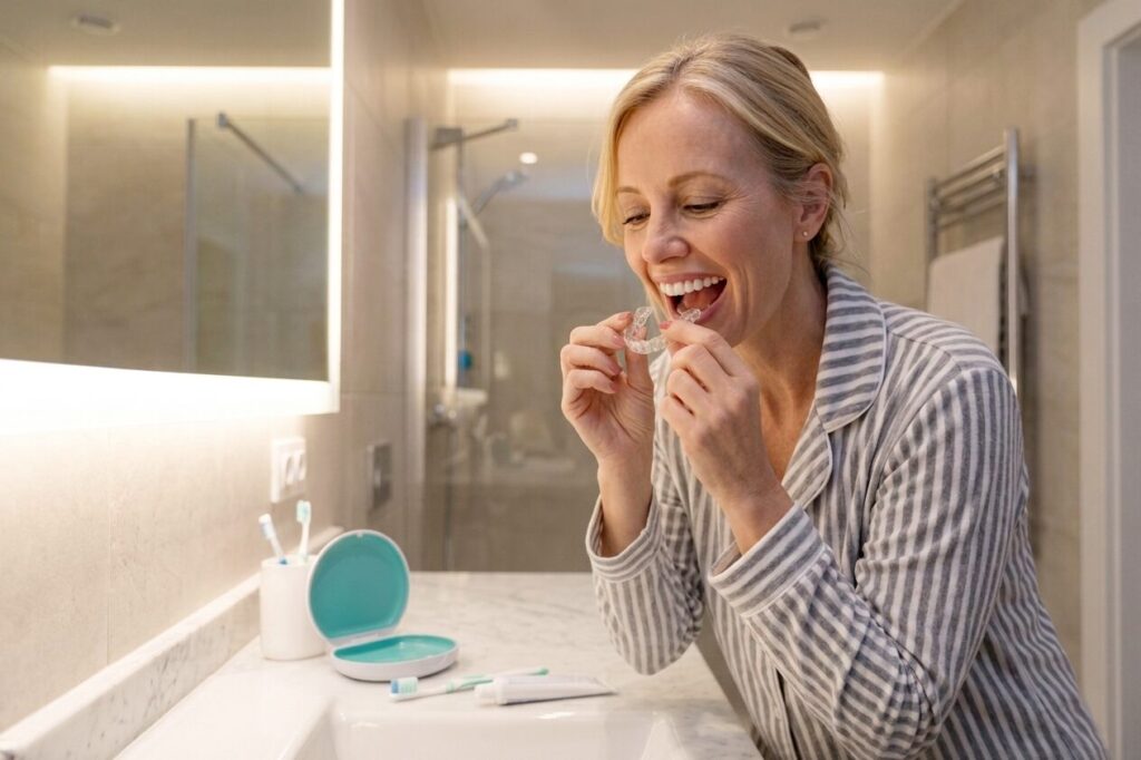 Woman put on aligner before bed in a toilet