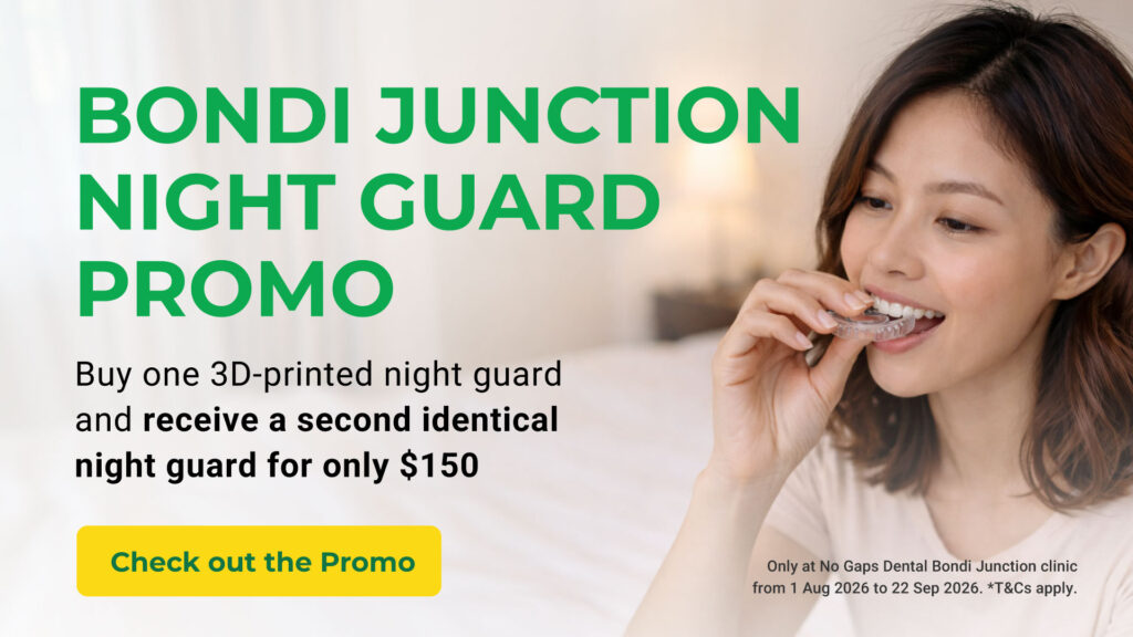 BON-WEBPROMO_NightGuard_1920x1080px_31072026_F | No Gaps Dental Promotional banner: woman biting a clear night guard on the right with bold green headline on the left.