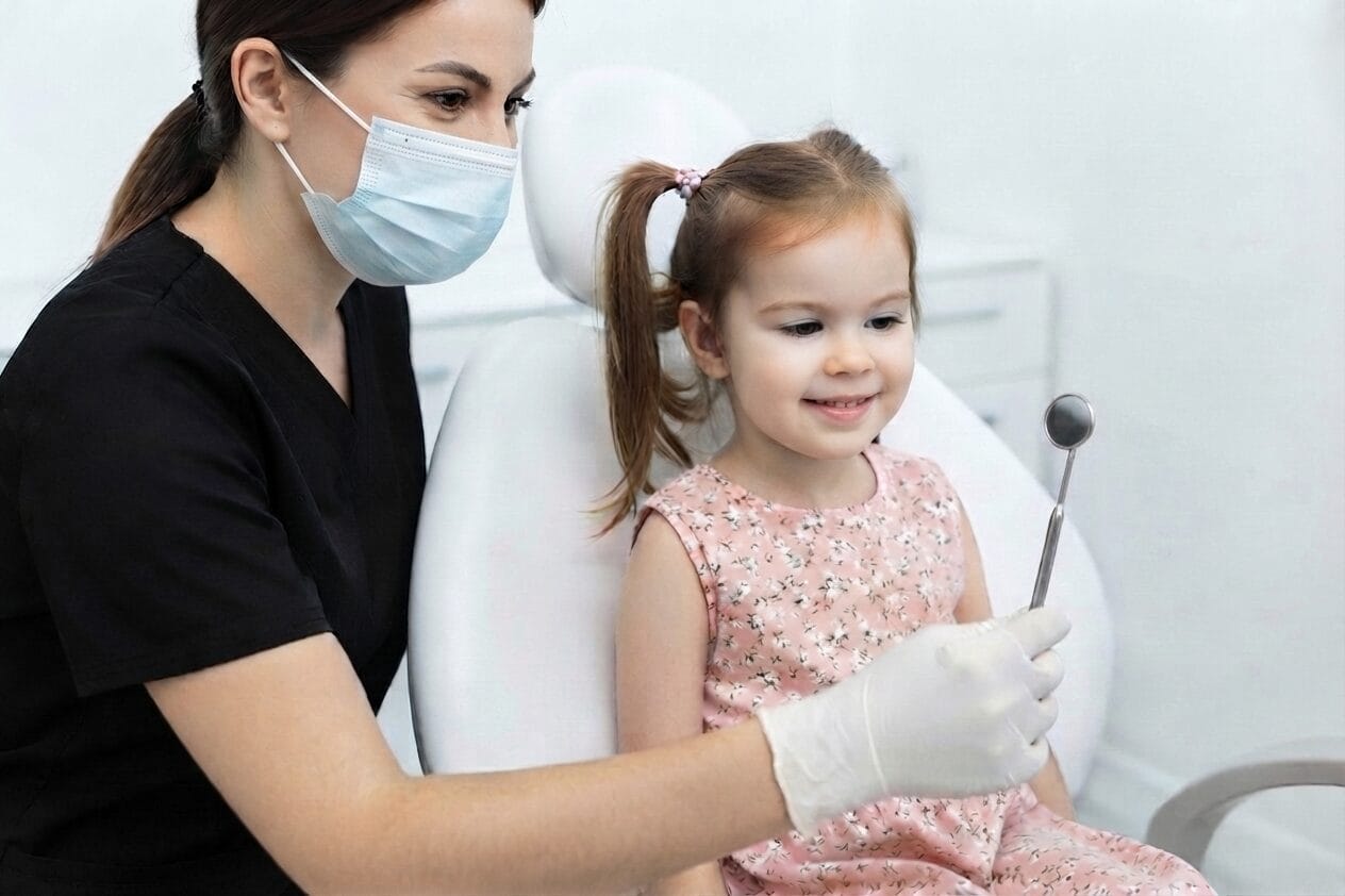 Dentist Showing Dental Mirror to Child | No Gaps Dental Pediatric dentist in a mask and gloves sits with a smiling young girl in a dental chair, holding a dental mirror.