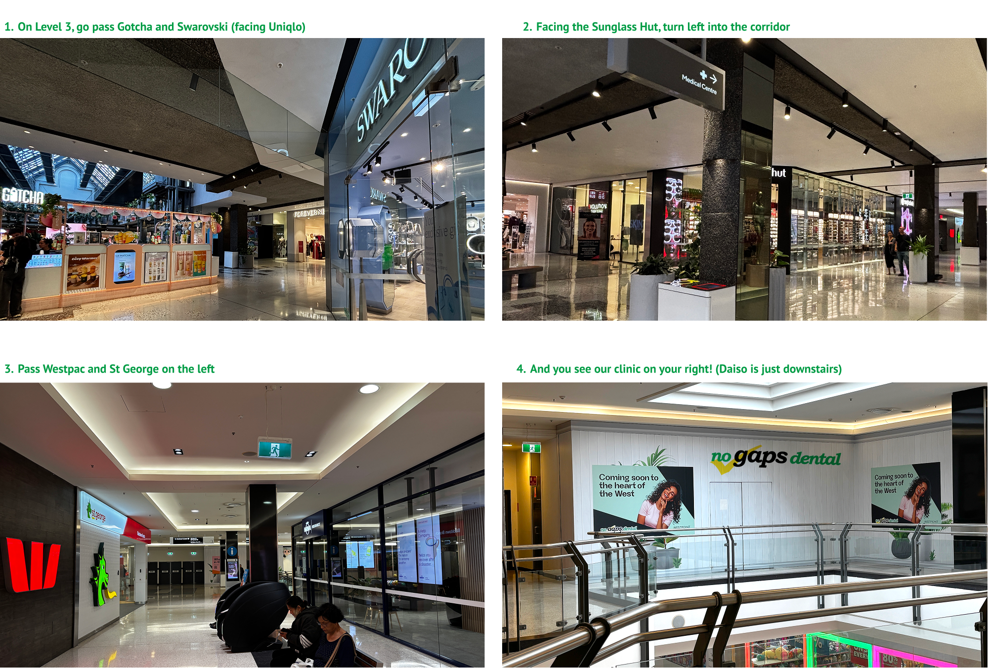 Photos to show landmarks inside Westpoint to locate No Gaps Dental Blacktown clinic