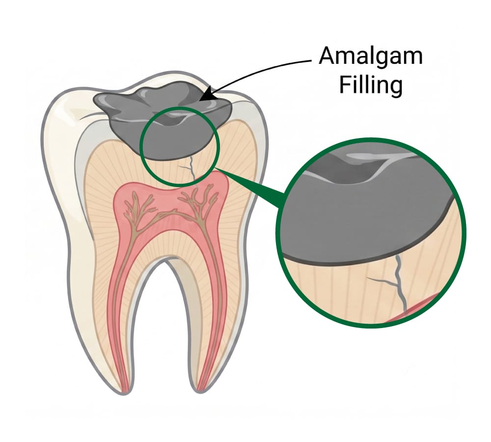 Amalgam-Filling | No Gaps Dental Large amalgam filling with weakened surrounding tooth structure.