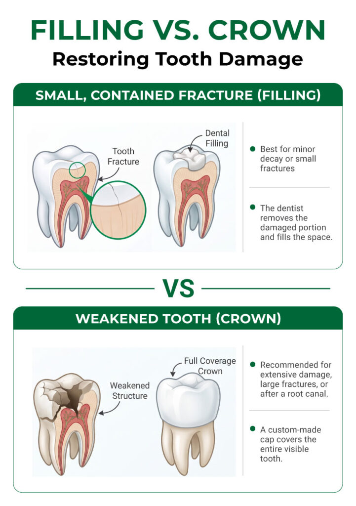 FillingVsCrown-Infographics_880x1250px | No Gaps Dental Infographic comparing filling versus crown for restoring tooth damage, showing a tooth with a filling for a small fracture and a weakened tooth with a full-coverage crown.