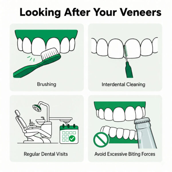 Looking After Your Veneers | No Gaps Dental Infographic showing veneer care steps: brushing, interdental cleaning, regular dental visits, and avoiding excessive biting forces.