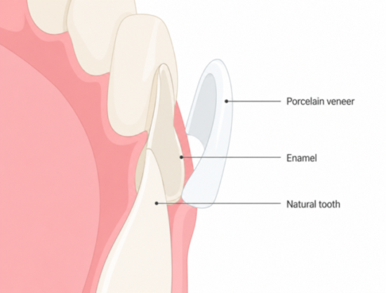 Porcelain Veneer | No Gaps Dental Cross-section diagram showing a natural tooth with enamel and a porcelain veneer being placed over it