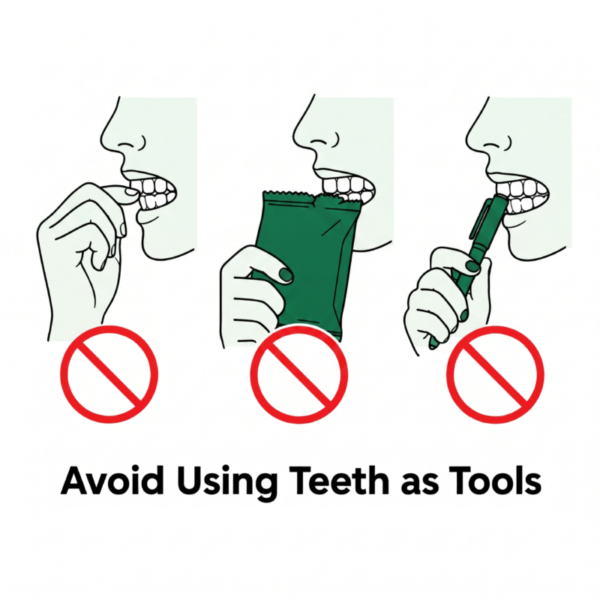 Teeth As Tools | No Gaps Dental Three-panel cartoon showing a person using their teeth as tools— biting, pulling a zipper, and gripping a pen—with the caption “Avoid using teeth as tools.”