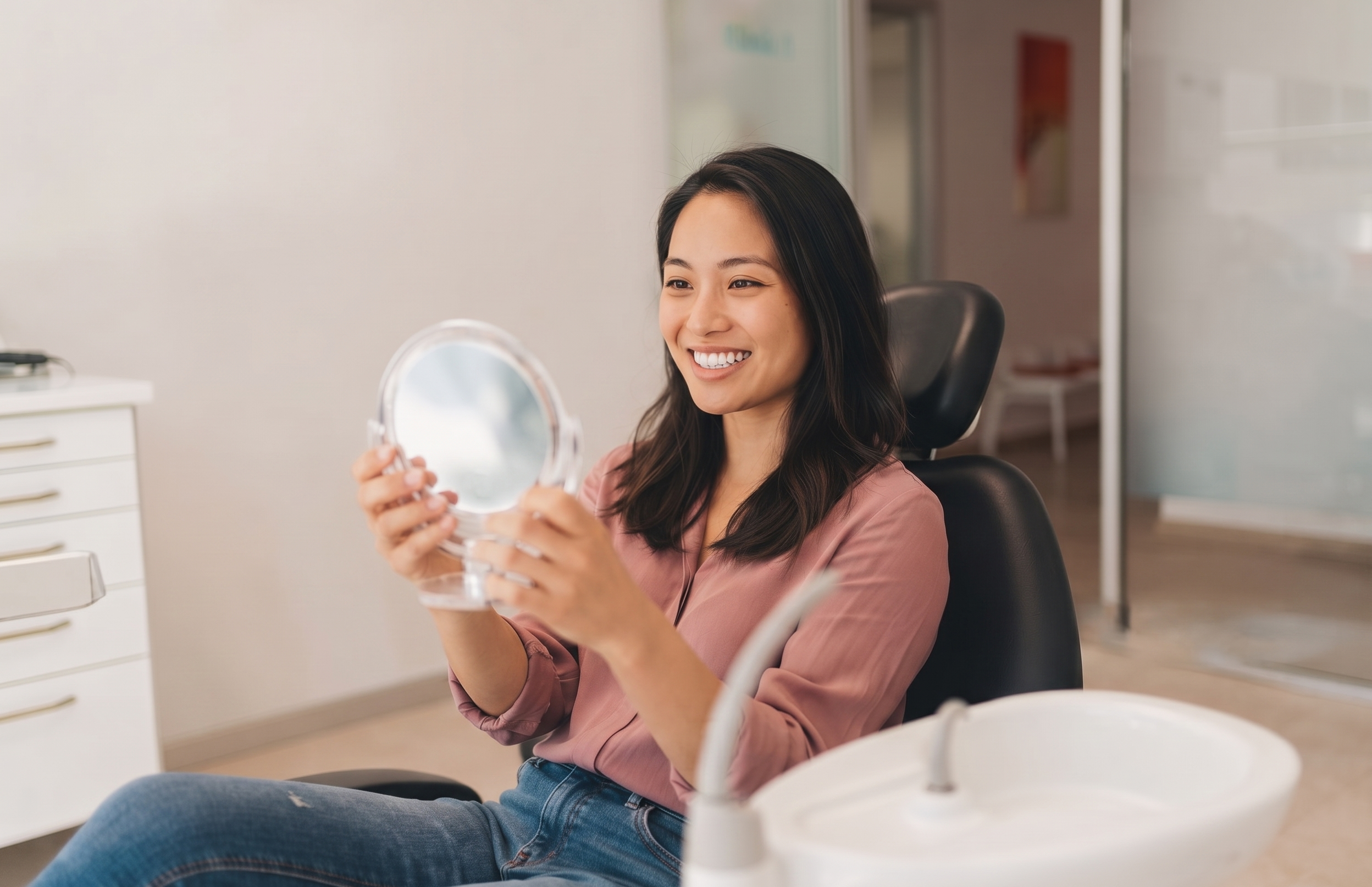 Woman with white teeth and mirror | No Gaps Dental Smiling woman sitting in a dental chair looking at her teeth in a handheld mirror.