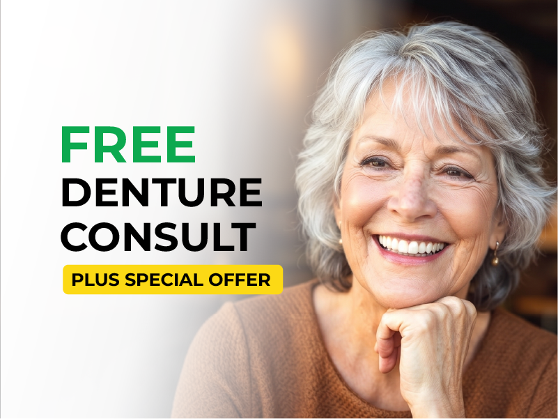 Smiling mature woman with healthy teeth beside text reading "Free Denture Consult Plus Special Offer"